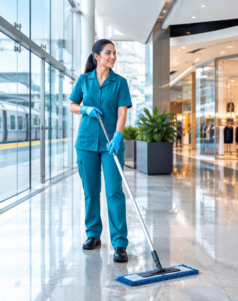 BDC Services janitorial team member cleaning a commercial transit lobby